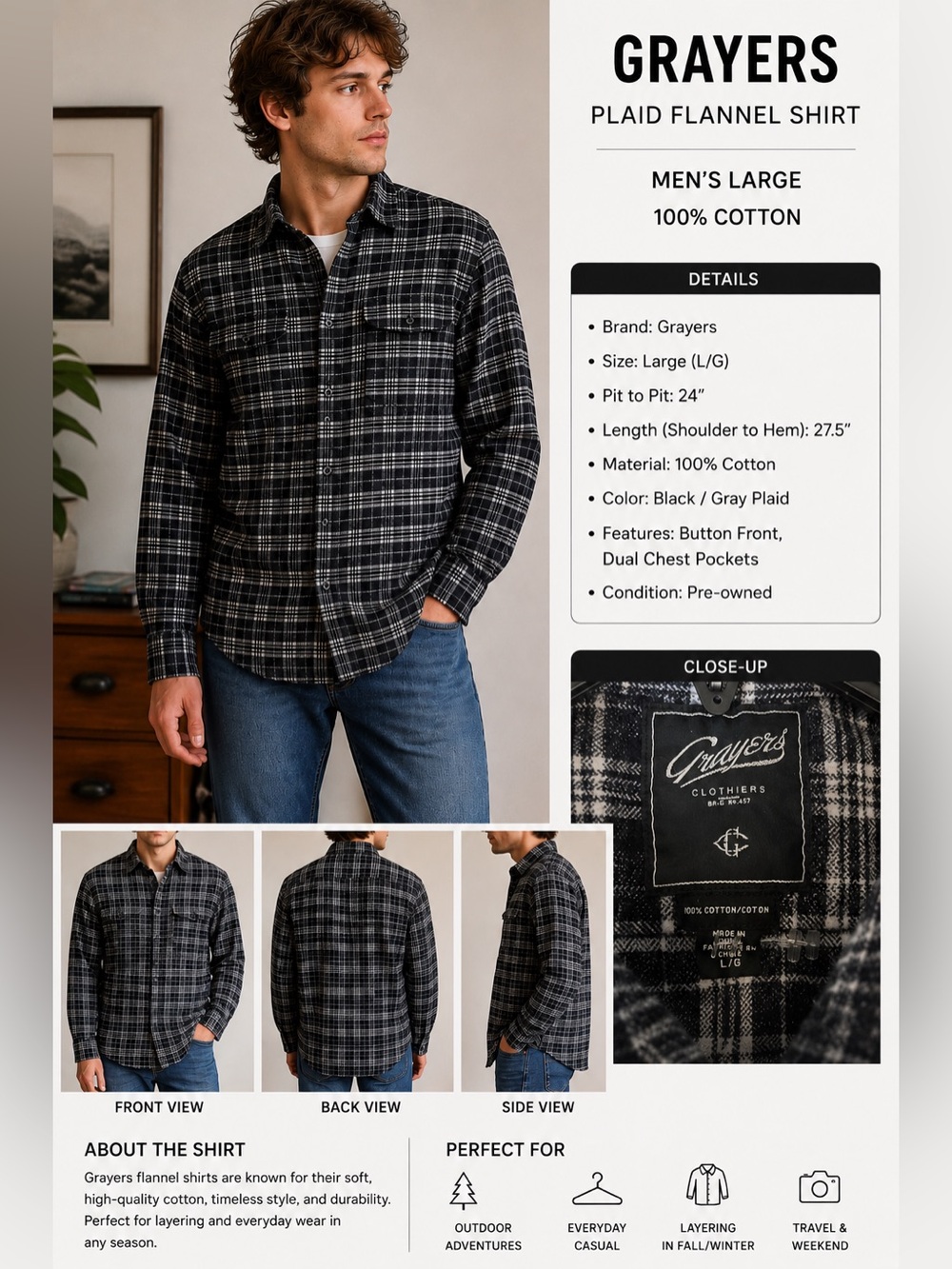 Grayers Mens Large Black Gray Plaid Flannel Shirt 100% Cotton Button Front